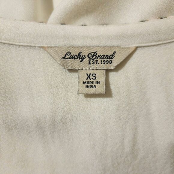 Lucky Brand Womens Embroidered Boho Top XS Ivory Long Sleeve Split Neck 7W44112 - Picture 6 of 10